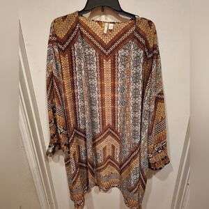 Cato Women's Brown Multicolor Tribal Print Longline Kimono Cardigan Sz 22/24